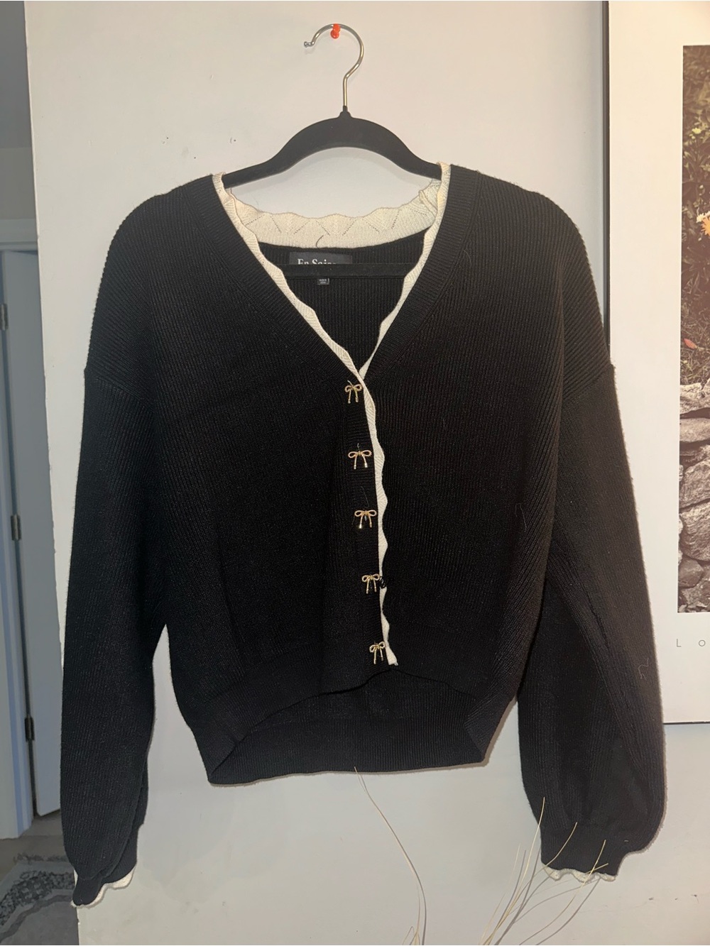 En Saison Black Cardigan with Cream Trim and Bow Buttons